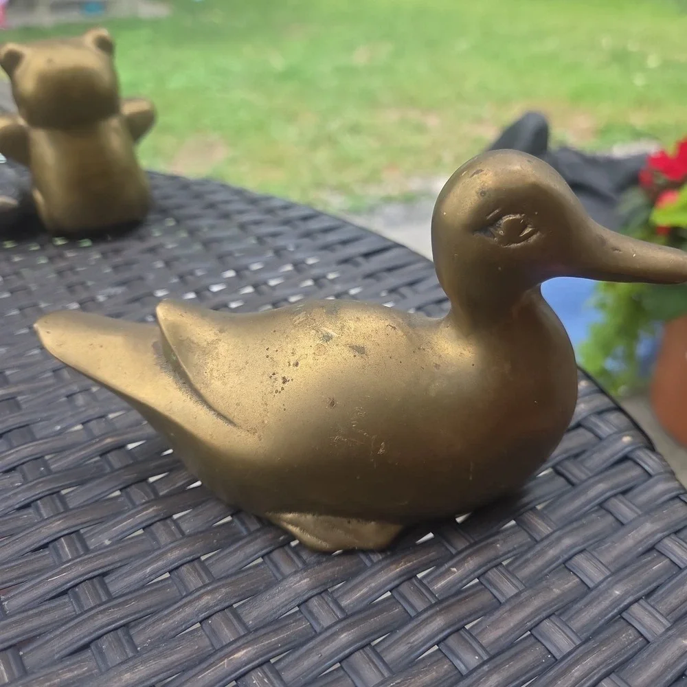 Vintage Solid Brass Duck Green Patina Tarnish Easter Cottage Cabin Core